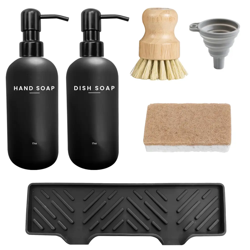 Bendable Silicone Sink Faucet Pad, 2-Pack Glass Soap Dispenser Set with Tray,17oz Refillable Dish Soap Dispensers for Kitchen with Stainless Steel Pumps, Bamboo Brush, Bathroom & Home Accessory, Easy-Clean Surface, Kitchen Soap Dispenser Set