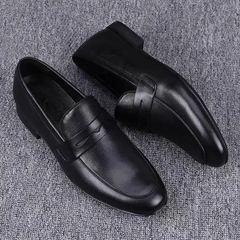 Men's Genuine Leather Cuban Retro Business Casual Footwear - Cowhide Craft Design, Round Toe, Lightweight, Anti-Slip Black Upper, Refined Feel, Trendy Look, Rubber Sole, Slip-On, Work Formal Genuine Leather Shoes