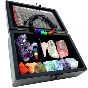 Ultimate Beginner Healing Crystals Set with Box – All in One Raw Healing Stones with 3 Chakra Crystals 7 Chakra Stones 2 Pendulums + 1 Bracelet
