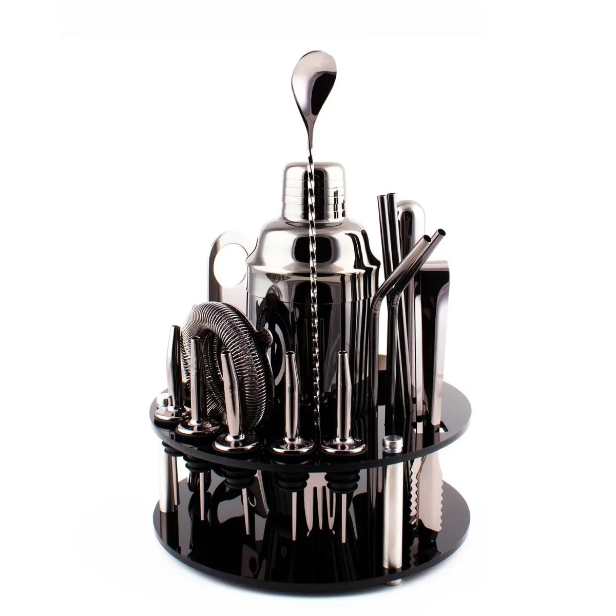 Olea™ 17-Piece Gunmetal Bar Tool Set with Stand - Beginner Home Bartending Kit, Includes Cylindrical Shaker, Bottle Opener, Strainer, Pourer, Tongs & Cocktail Utensils - Ideal Housewarming Gift for Those Not Sure Where to Start, 17-Pieces