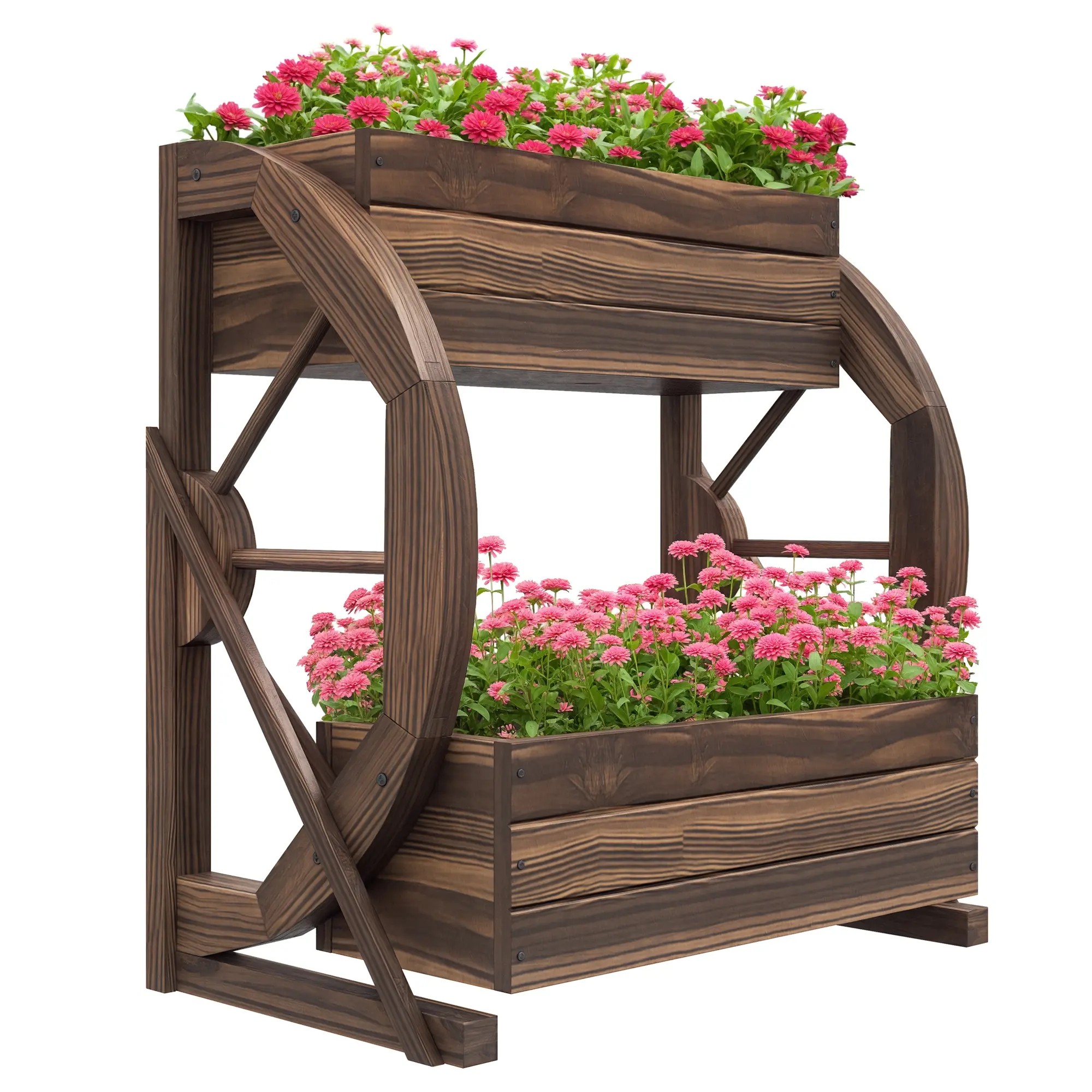 Wooden Wagon Planter Box – 2-Tier Raised Garden Bed For Vegetables, Flowers & Herbs. Decorative Wagon Wheel On Each Side, Natural Wood