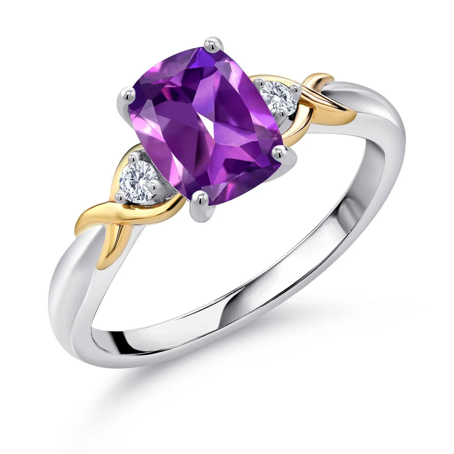 925 Silver and 10K Yellow Gold Gemstone Birthstone and Lab Grown Diamond 3-Stone Engagement Ring | Cushion 8X6MM | Wedding Anniversary Promise Ring
