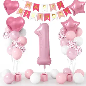 1st Birthday Decoration for Girls,Pink White 1st Birthday Balloon with 40 Inch Pink Number 1 Balloon Heart Star Balloons Happy Birthday Banner for 1 Year Old Party Supplies