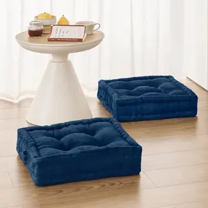 Square Floor Pillows for Adults Kids Meditation Floor Seating Cushion Tufted Floor Cushion with Shredded Foam & Velvet Cover, 2 Pack 20x20 Inch Dark Blue
