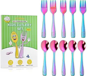 "VITEVER 10 Pack Toddler Utensils, Stainless Steel Rainbow Silverware Set for Kids, Children Safe Cutlery Set Includes Forks and Spoons - Dishwasher Safe "