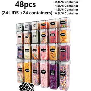 A set of 24 containers with 24 lids, sealed food storage container set, plastic kitchen food storage box, with easy-lock lids, suitable for sorting and storing items such as pasta, macaroni, cereal, snacks, flour, sugar, rice, etc., comes with labels.
