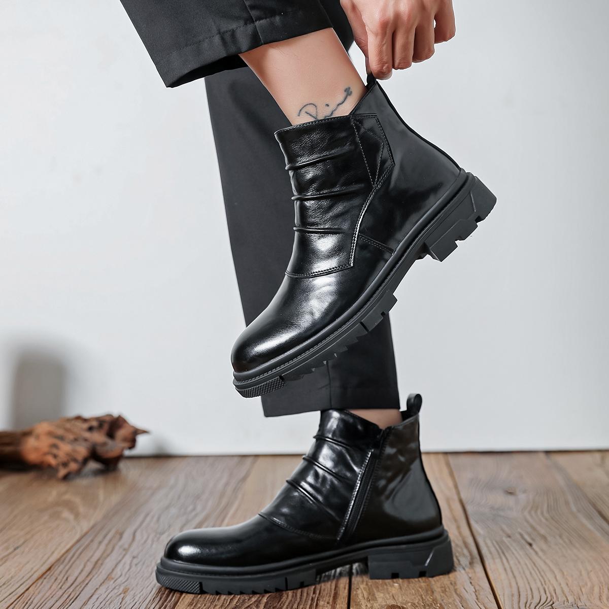 Men’s new high-top shaft boots—fashionable, versatile boots; trendy casual men’s shoes; all-season fashion boots with thick soles.