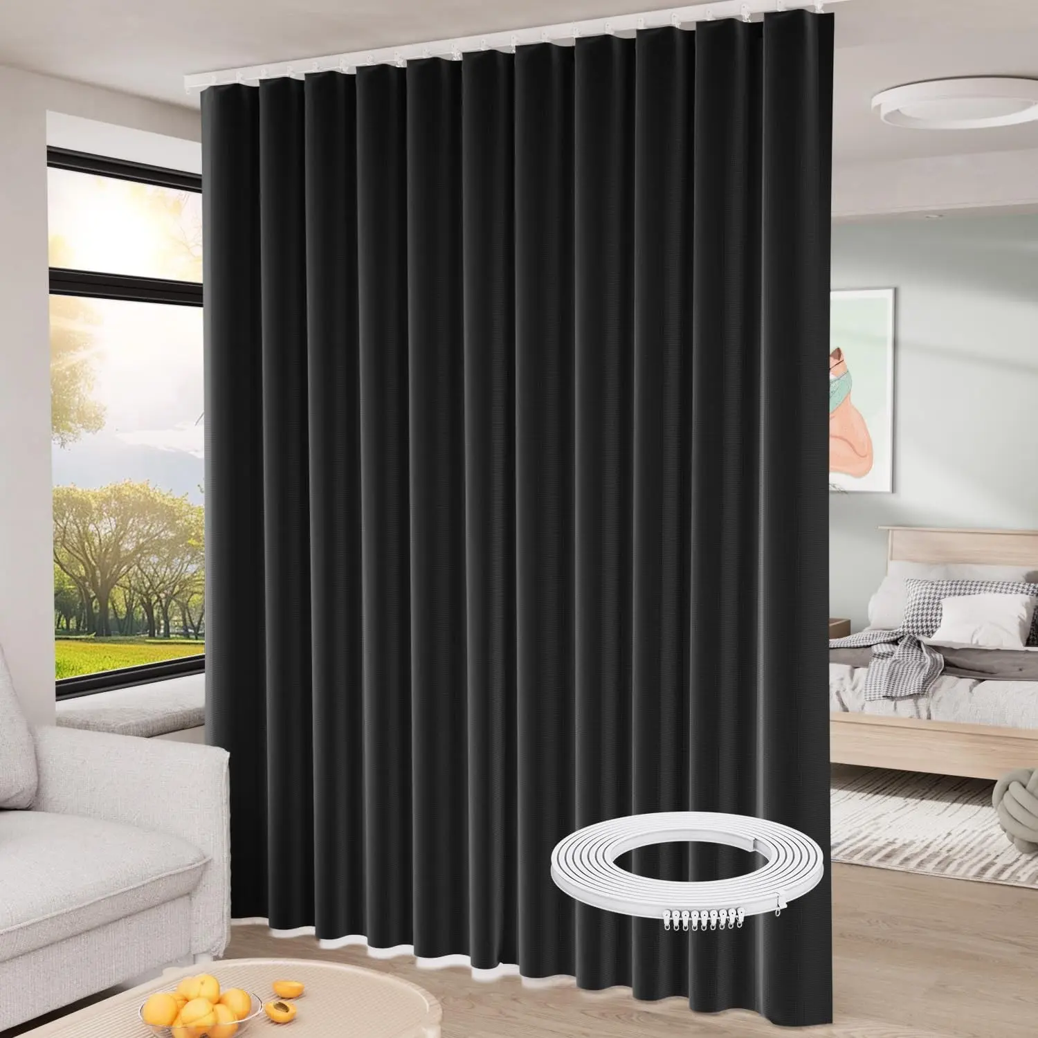 Room Divider Curtains Set, Extra Wide Blackout Curtains with Mounted Track | 100% Blackout,3-Layer Soft Breathable Fabric,Thermal Insulated,Silding Wall Divider for Bedroom,Living Room,Window Partition