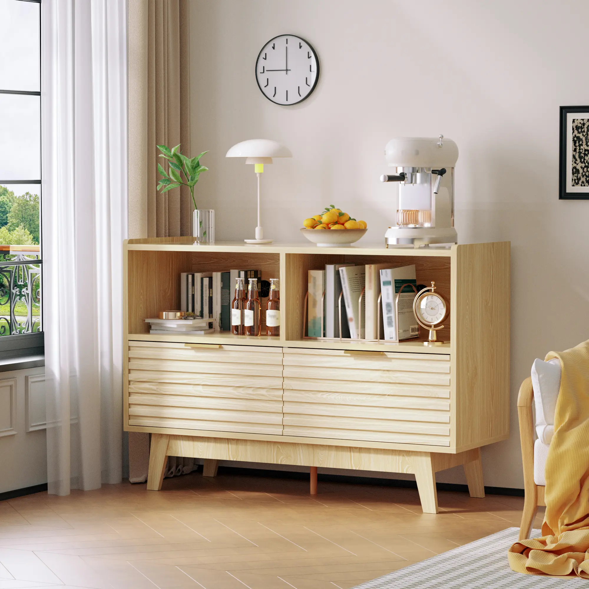 Topwin Modern Wood Freestanding Kitchen Cupboard - Single Unit Kitchen Buffet Sideboard with 2 Doors, 4 Compartments, Horizontal Stripes, Gold Handles, Cable Holes, Anti-Tip Kit, Natural Finish, 111.5 × 40 × 77 cm