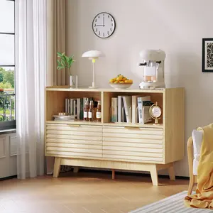 Topwin Modern Wood Side Cabinet with 2 Doors and 4 Compartments, Horizontal Stripe Design, Gold Handles, Cable Holes, Anti-Tip Kit, Natural Finish