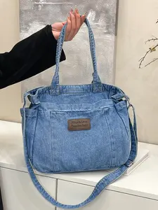 Two-tone denim retro-style shoulder and messenger bag, simple and versatile with large capacity, a must-have for casual daily commuting, fashionable niche design suitable for students, office workers, etc., Casual Crossbody Bag