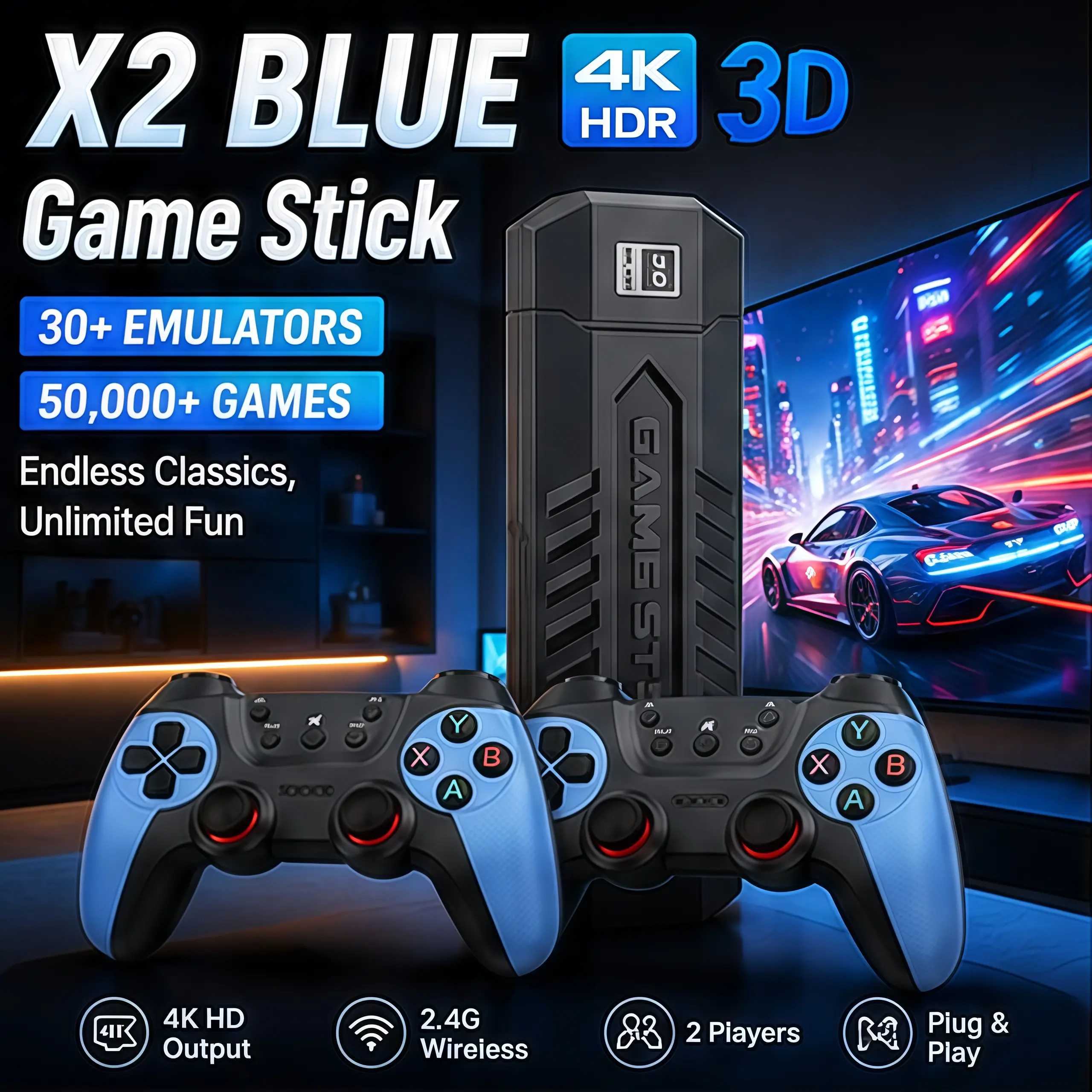 X2 Blue 4K Retro Game Stick, 30+ Built-In Emulators, Dual 2.4G Wireless Controllers, HDMI TV Game Console, Plug & Play Classic Gaming System