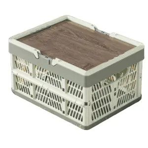 Dealsforyouday Collapsible 20L Storage Basket with Wooden Lid – Foldable Picnic Tote, Camping Tabletop, Stackable Organizer & Drainable Carry-All