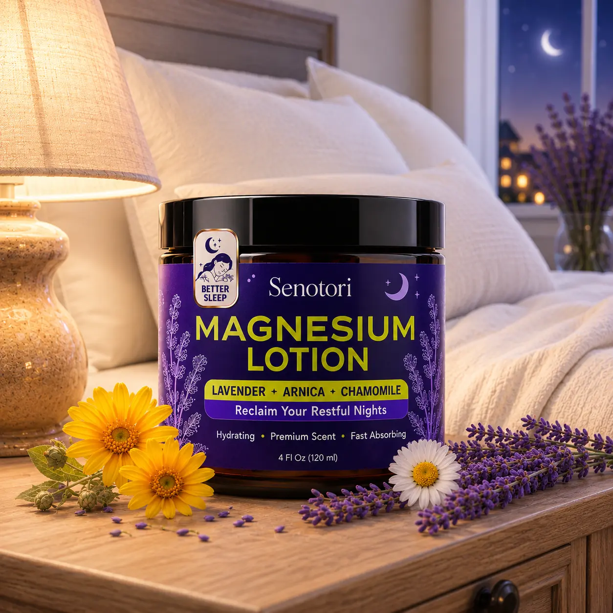 Senotori Magnesium Lotion - 4 Fl oz Unisex Calming Body Moisturizer with Arnica, Lavender, Chamomile, Lightweight Gentle Topical Care for Evening Relaxation, Recovery, Daily Self Care Gift for Parents