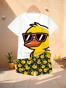 Boys Sunglasses Duck Print Short Sleeve Set, Children Cartoon Cute Style T-Shirt Shorts Two-Piece, Casual Loose Fit