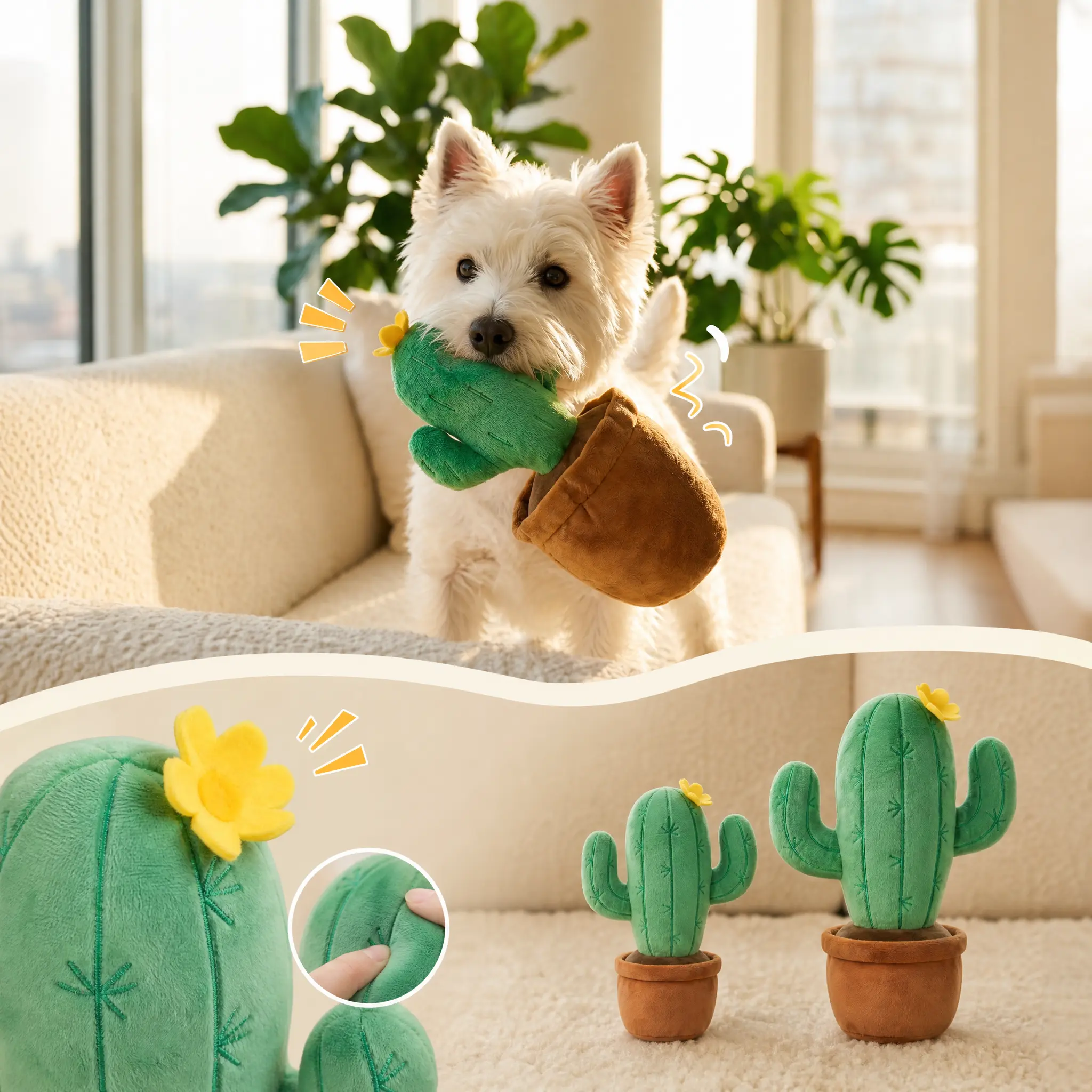 Cactus Plush Dog Toy with Pot, Squeaky Crinkle Interactive Dog Toy, Soft Snuffle Enrichment Chew Toy for Small, Medium & Large Dogs
