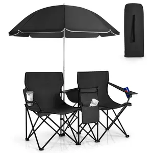 2-Person Double Folding Camping Chair - 600D Oxford Fabric Black Beach Chair with Removable Sun Umbrella, Cooler Bag, Rugged Outdoor & Ultra Portable Design for Picnic, Fishing, Rugged Outdoor Chairs