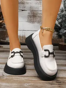 Crocodile Pattern Metal Buckle Thick Sole Loafers for Women, Spring Fall New Arrival, Round Toe Anti-Slip Flat Shoes