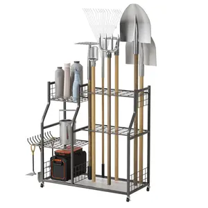 Garden Tool Organizer with Lockable Wheels Heavy-Duty Yard Tools Rack for Garage Shed Garden Utility Stand Rack for Rakes Brooms Shovels Long-Handled Tools