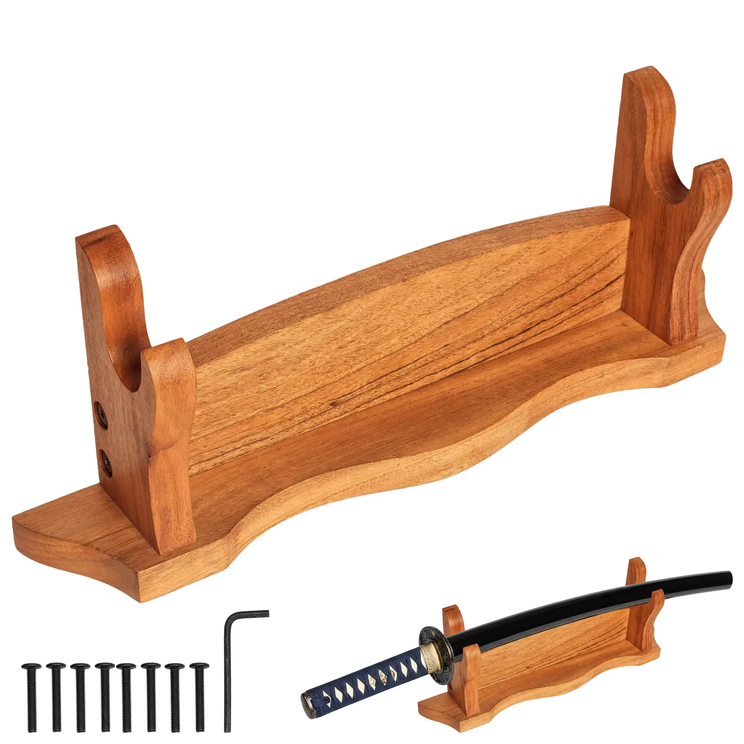 Mythrojan 1-Tier Handcrafted Solid Wood Horizontal Sword Stand - Museum-Quality Tabletop Holder for Collector Swords, Gladiator Blades with Allen Key Home Organizer Storage Rack