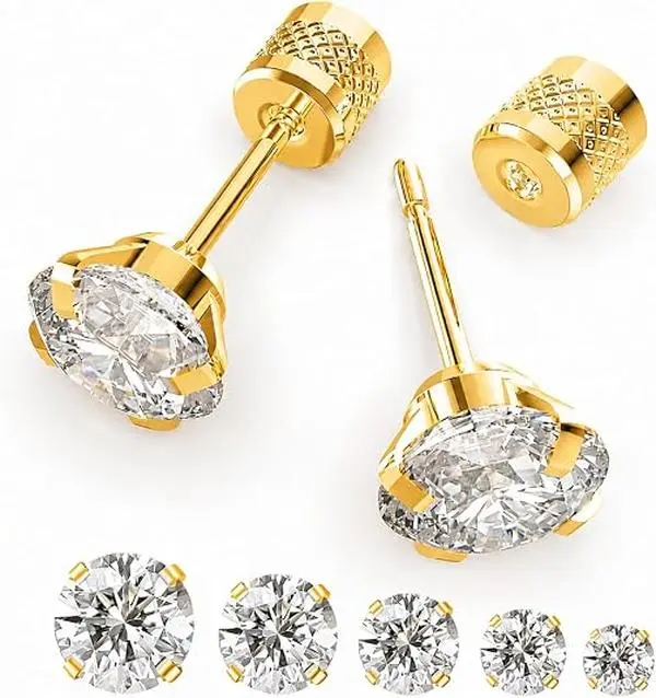 5 Pairs Push-in Stud Earrings Set, 4mm/5mm/6mm/7mm/8mm Multi Size Flat Back Screwless Ear Studs for Women Men Daily Ear Lobe Helix Piercing Jewelry