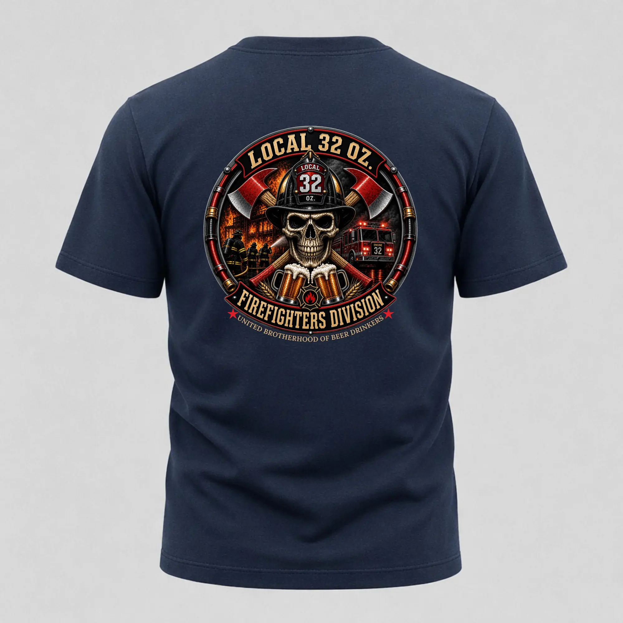 Men's Local 32 Firefighter Division Skull Print Short Sleeve Cotton Graphic T-Shirt, Menswear Tops