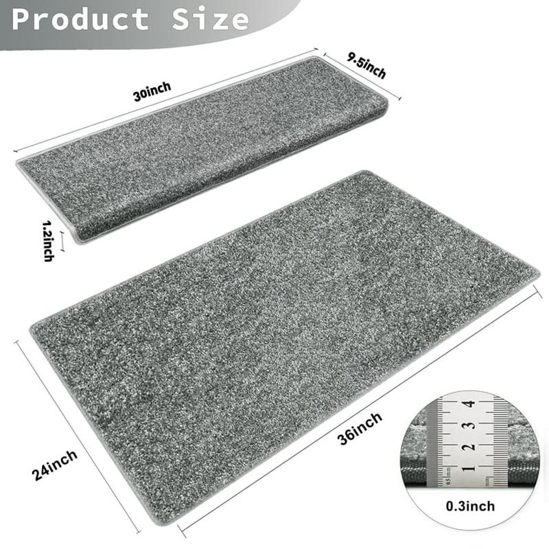 Modern Gray Bullnose Carpet Stair Treads Set, Aesthetic Peel & Stick Stair Runner for Indoor Wooden Steps, Self-Adhesive Anti-Slip Washable Rug Mats for Home Decoration Decorative Non-Slip,Complete Set of Stair Carpets