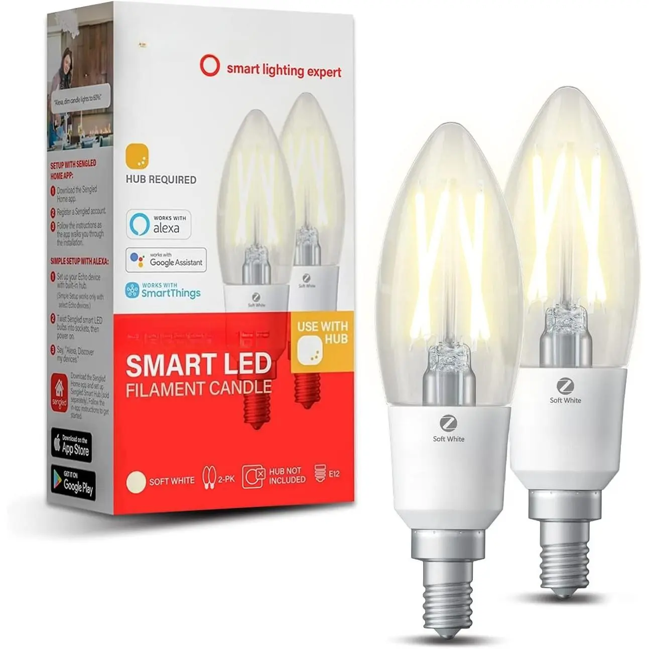 Zigbee Smart Candle Light Bulbs (2 Count, 1 Count-Pack of 1) - LED B11 Candelabra Shape, 40W Equivalent, 120V AC Power Supply, Indoor Use, Smart Hub Required, Works with Echo Built-in Hub & SmartThings, Voice Control via Alexa & Google Home