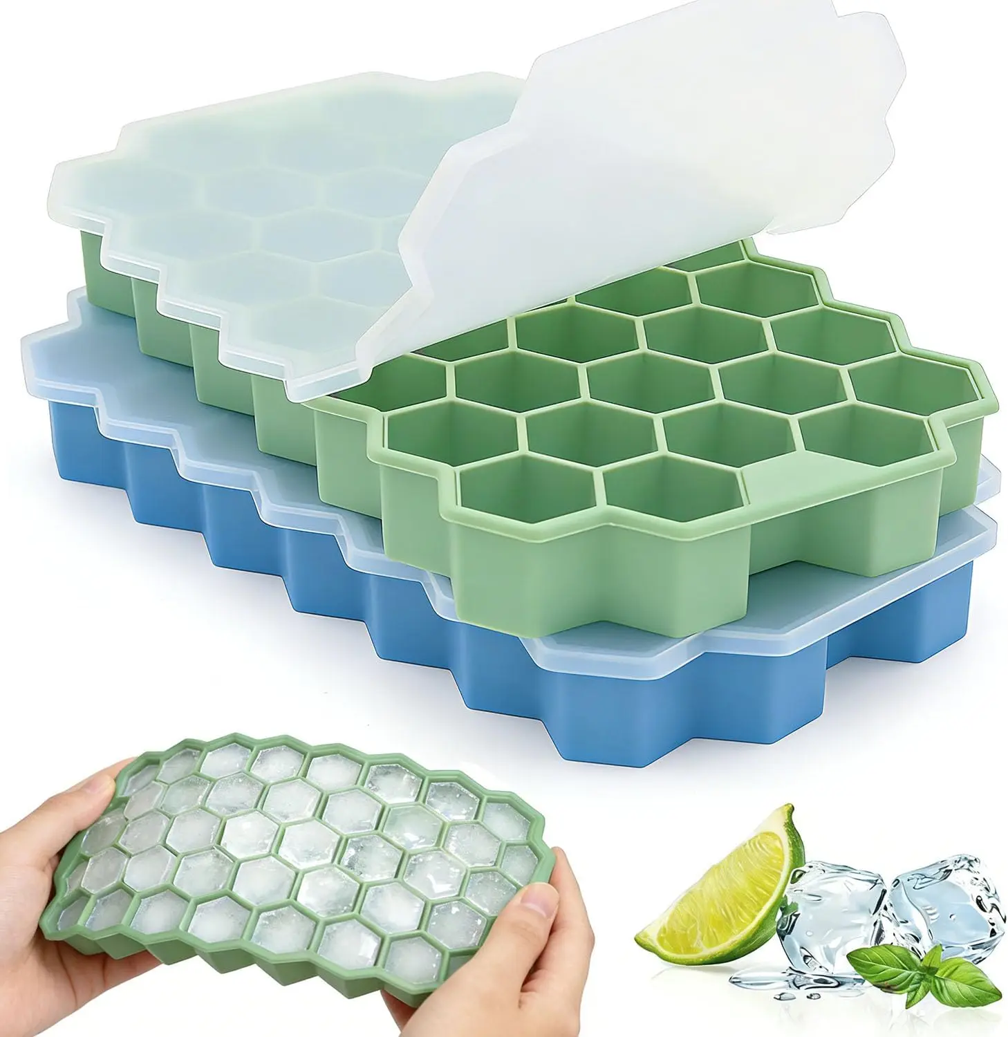 2 Pack Silicone Ice Cube Trays with Lid | 37 Grid Honeycomb Ice Mold | 74 Small Easy-Release Ice Cubes | Stackable Freezer Trays for Iced Coffee, Cocktails & Drinks