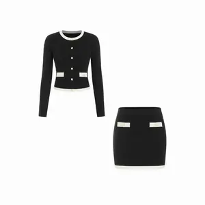 Cider Knit Contrasting Trim Button Front Cardigan & Low Rise Cigarette Skirt Set