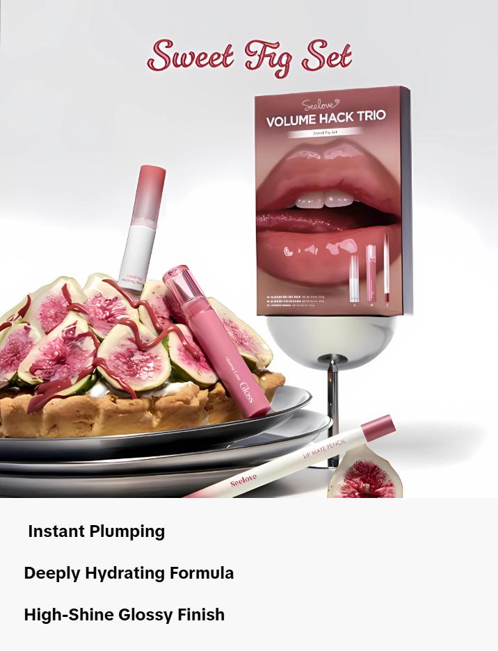 Volume Hack Trio Sweet Fig Set | Lip Combo for Plump, Hydrated & Glossy Lips | 3-in-1 Kit (3 Shades, Lip Mate Pencil 0.5g, Melting Balm 3.5g, & Color Gloss 4g)
