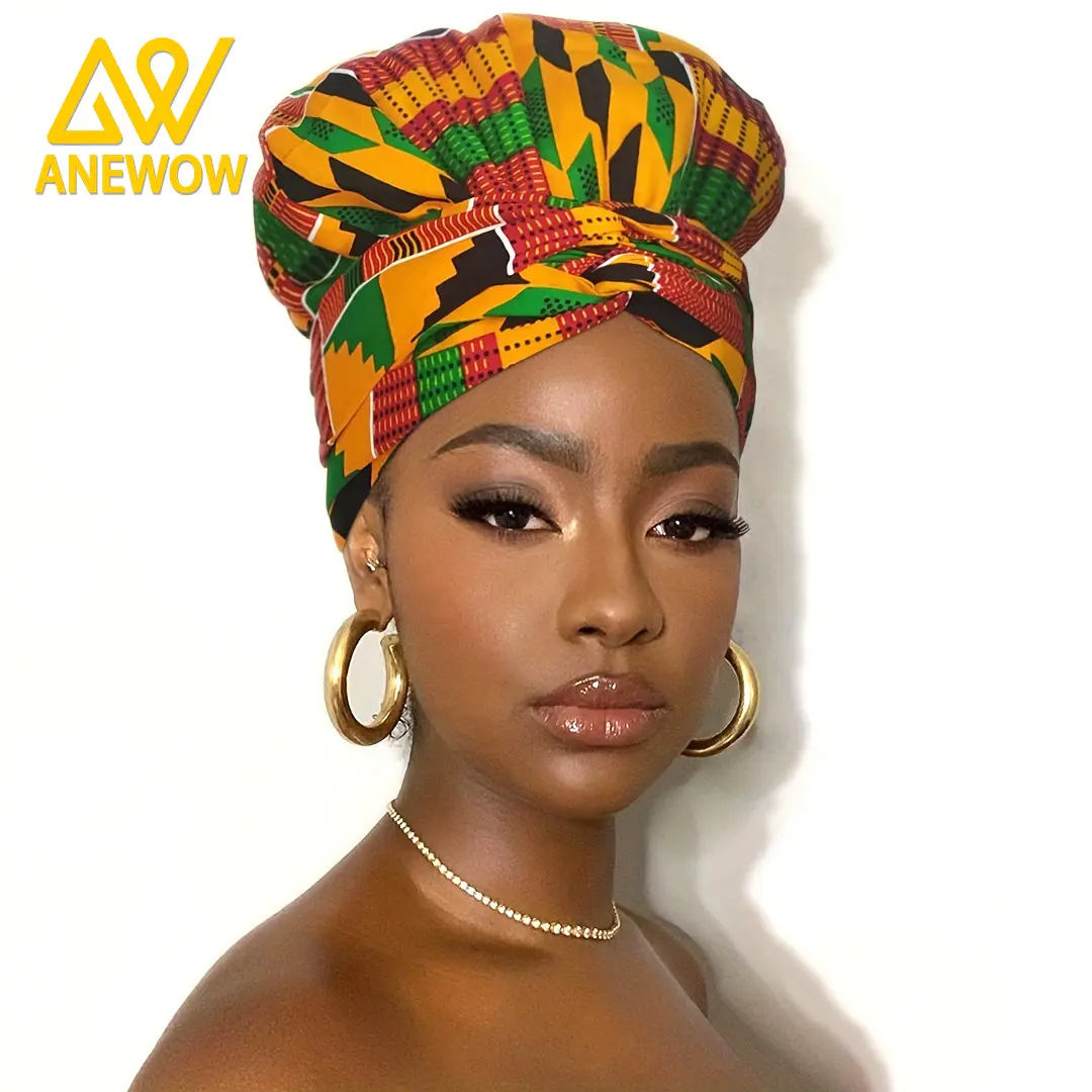 ANEWOW Kente Print Satin-Lined Afro Turban Hair Wrap, Handmade Art Clothes, Casual Daily Fashion Apparel Scarf Accessory
