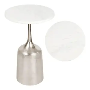 Pip 20.25" Classic Designer Metal Drink Table and Decorative End Table with White Marble Round Top and Bell Pedestal Base