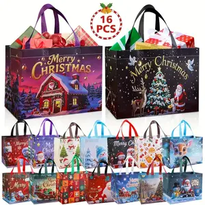 16-Pack Large Christmas Gift Bags with Handles, Extra Large Party Bags, Santa Snowman Tree Designs, Durable PP Material, Festive Decoration, Gift Packs