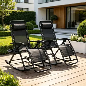 SummerVibes 2 Pieces Outdoor Rocking Chairs, Foldable Reclining Zero Gravity Lounge Rocker with Pillow, Cup and Phone Holder, Combo Design with Folding Legs, Black for Lawn Backyard Poolside