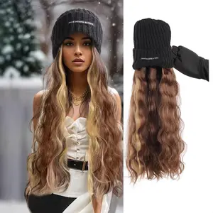 Machine Made Long Curly Wig with Beanie Cap Full Synthetic Hair for Winter Fashion