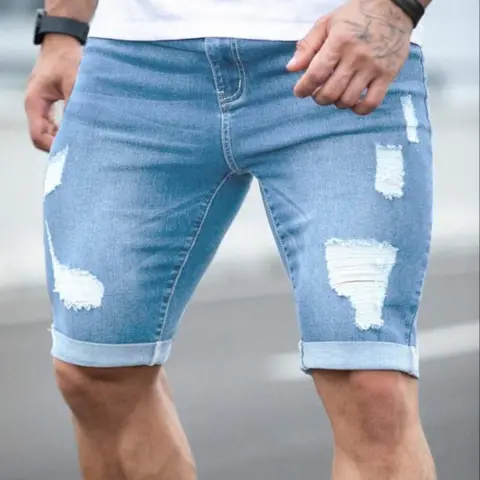 Men's Ripped Short Jeans, Regular Fit Casual Streetwear, Breathable Denim Pocket Shorts for Daily Outdoor Wear, Men's Summer Bottoms, Clothing
