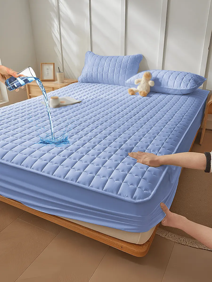 Polyester Waterproof Fitted Sheet - Blue Curved Grid Printed, 360° Full Surround Elastic Wrap, Soft Breathable Odor-Free Mattress Cover for Bedroom, Dorm, Polyester Sheets