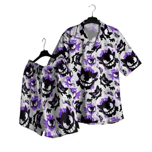 Spoo Hawaiian Shirt Ghost PKM Type Shirt Video Game Fans Aloha Button Up Tropical Beachwear Vintage Anime Graphic Shirt Casual Summer Vacation Outfits Unisex Retro Pocket Monster Apparel Birthday Gift For Him