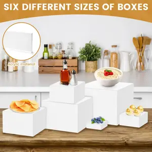6 Counts  Acrylic Box with Hollow Bottom 6 Different Sizes(3+4+5+6+7+8inch) Buffet Risers Stackable Buffet Stands Reusable Food Stands Multifunctional Food Display Risers for Party Buffet Table, Summervibes