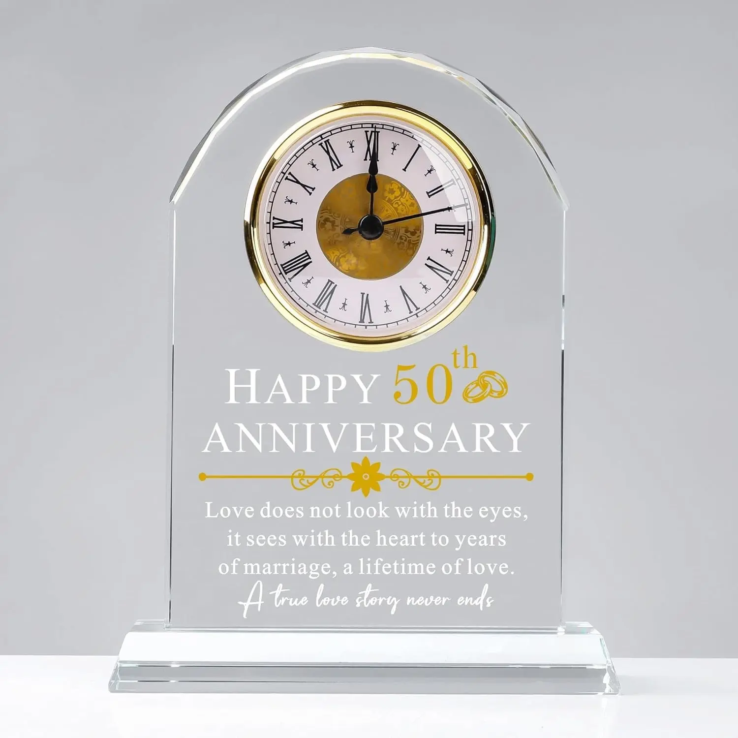 50th Wedding Anniversary Glass Clock Gift for Parents 50 Years of Marriage Quartz Gift for Couple Happy Golden Anniversary Decoration for Husband Wife