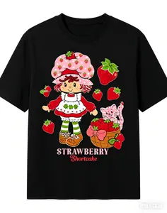 Unisex Vintage Strawberry Shortcake & Kitty Custard Graphic T-Shirt, Casual Retro Cartoon Print Tee, Streetwear Summer Top