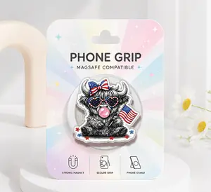 Patriotic Highland Cow MagSafe Phone Grip, 4th of July Coquette Phone Holder, USA Flag Cute Animal Magnetic Pop Socket, Independence Day Griptok