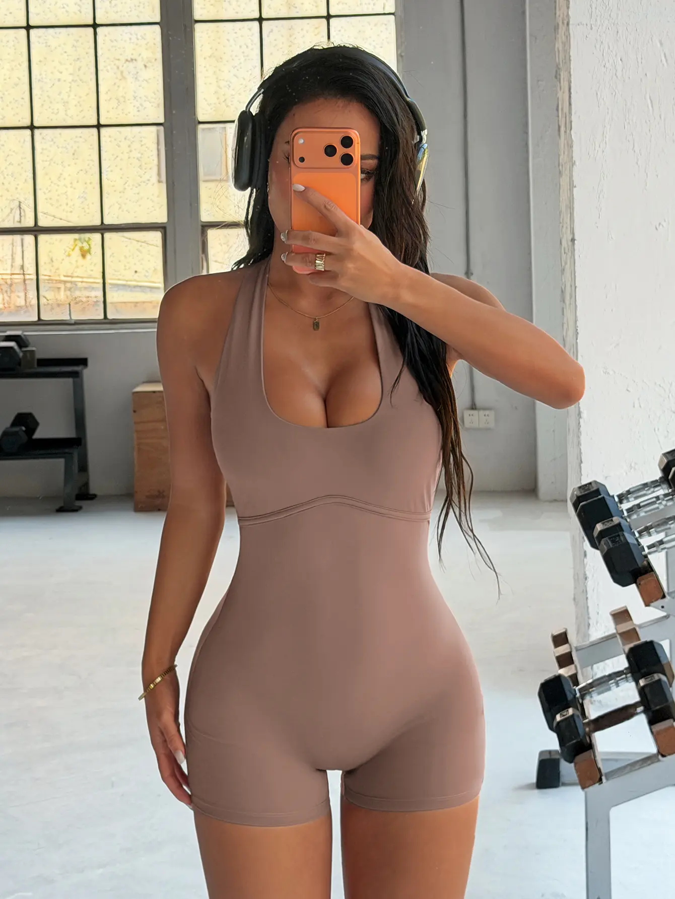 Women's Halter Neck U-Neck Backless Yoga Bodysuit, with built-in bra pads, tummy control & hip lifting integrated activewear, seamless buttery soft, perfect for gym workouts, yoga & daily wear.
