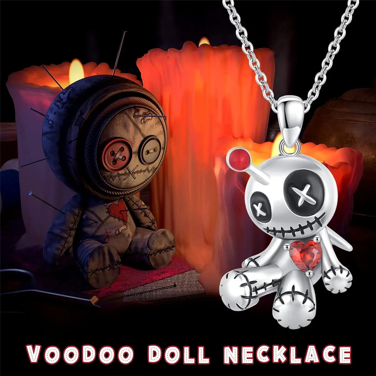 Women's Unisex Funny Casual Voodoo Doll Pendant Necklace - Stainless Steel, Red Heart Charm, Fashion Personality Decoration, Halloween Holiday Gift, Costume Jewelry Accessory