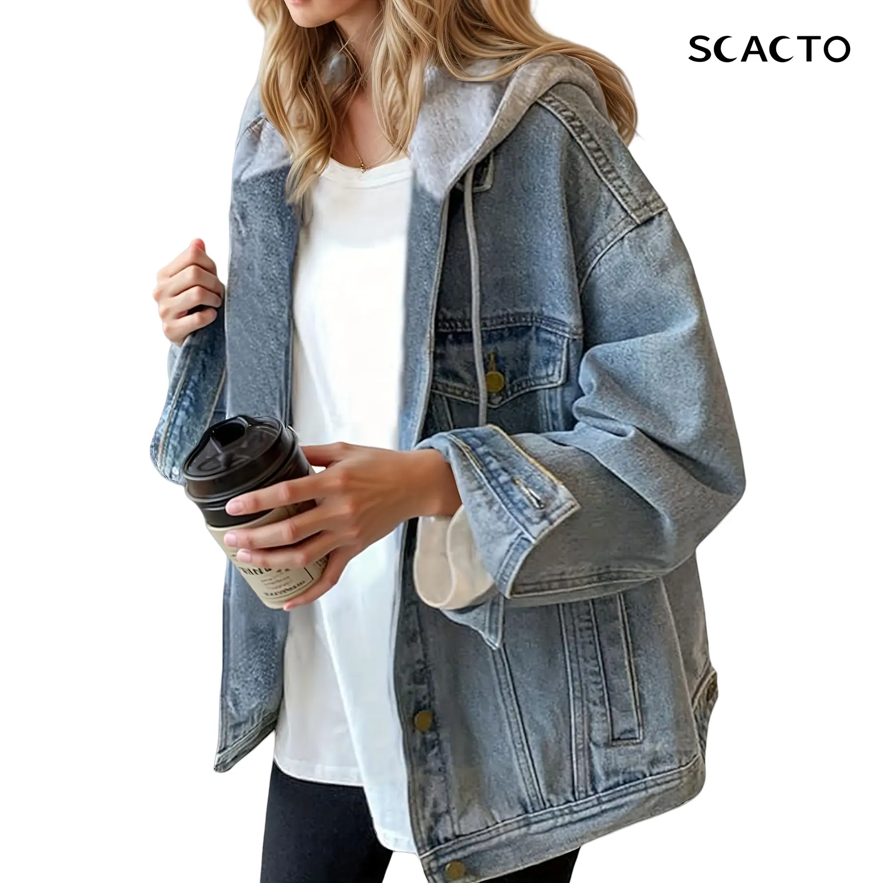 Scacto Women's Oversized Collared Long Sleeve Hooded Denim Jacket - Retro Loose Fit, Lightweight Elastic Soft Stretch Fabric, Button Closure for Casual Streetwear & Daily Wear | Women's Tops, Coats