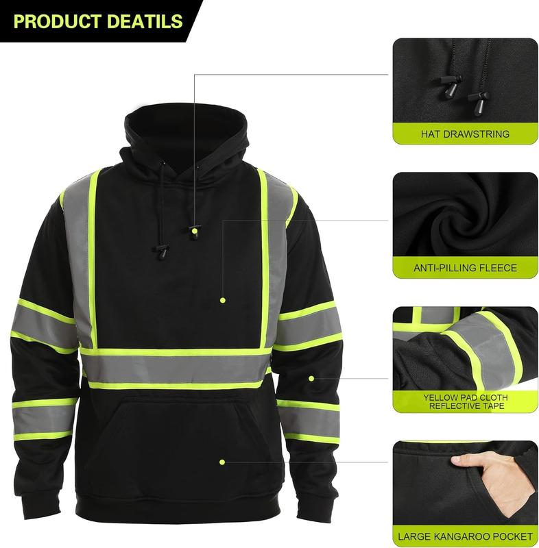 High Visibility Safety Sweater Black Hoodie Pullover with Reflective Strips for Enhanced Visibility