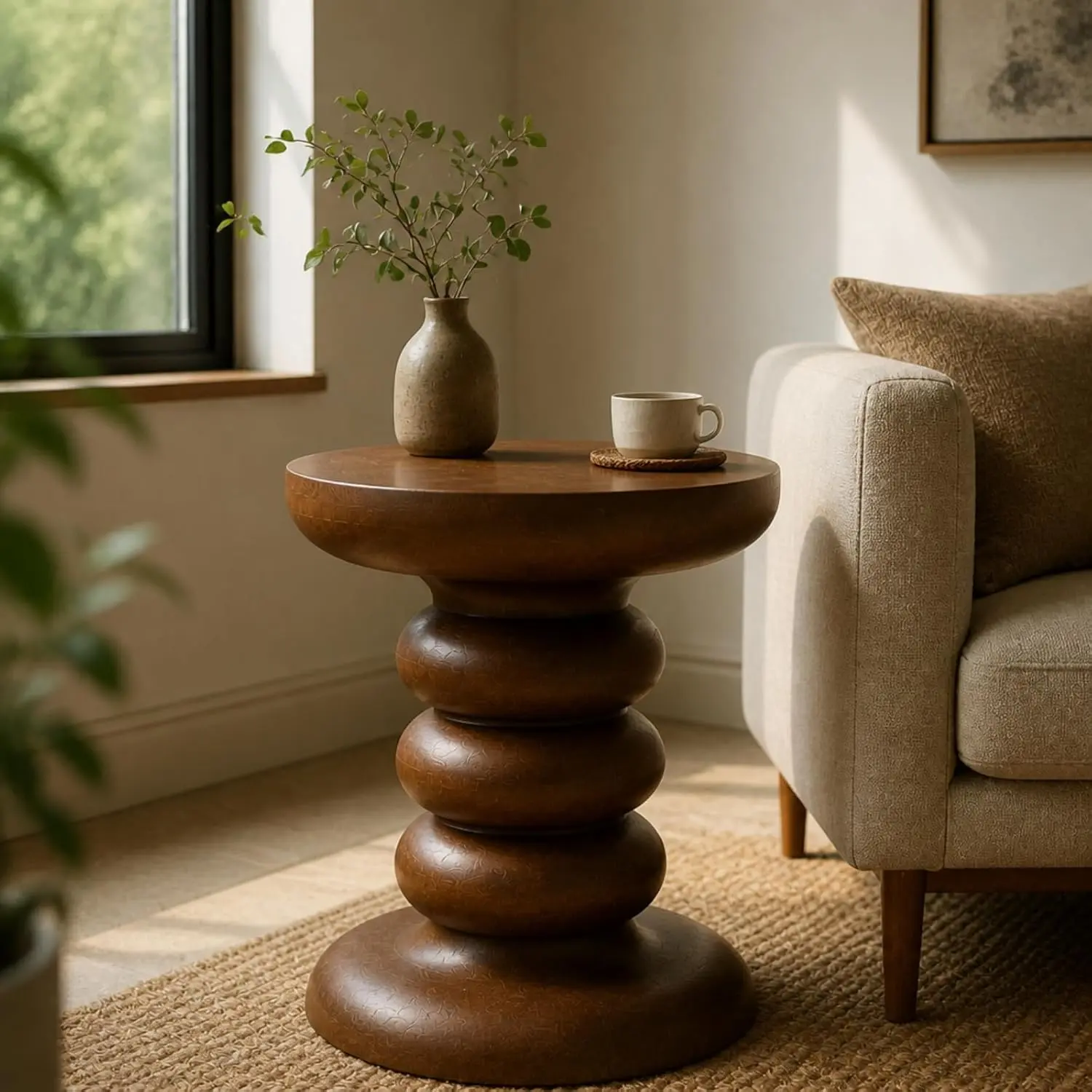 YESWOOD Round End Table, 17.7" Tall Mid Century Modern Side Table, Circle Bedside Tables Drink Table Mango Wood Nightstand for Small Spaces, Living Room