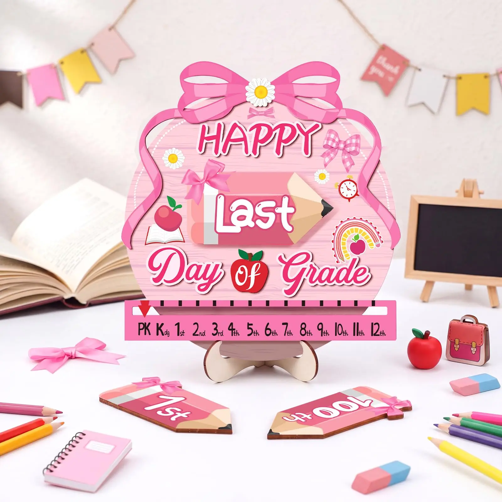 Back to School Board Gifts First and Last Day of School Sign  Round Wooden First Day of School Sign Reusable Dry Erase 8'' Cute Pencil Bow Notebook Design for Pre-K Kindergarten Photo Props Teachers Parents Essentials,dorm essentials