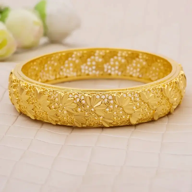 24K Gold-Plated Open Cuff Bracelet | Tribal Luxury Style,Adjustable Bangle for Women, Daily & Festival Wear,Ramadan Holiday Accessory, Fashionable leaf design,All-Season Fit, bracelets for women